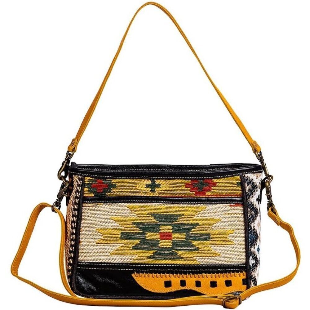 Women’s Upcycled Canvas Leather Crossbody Bag with Adjustable Strap